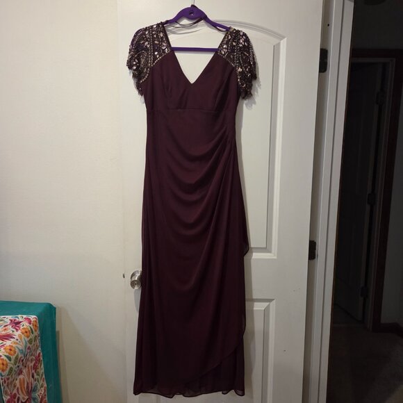 Woman's Burgundy Xscape Beaded Sleeve Ruched Gown - Picture 8 of 9